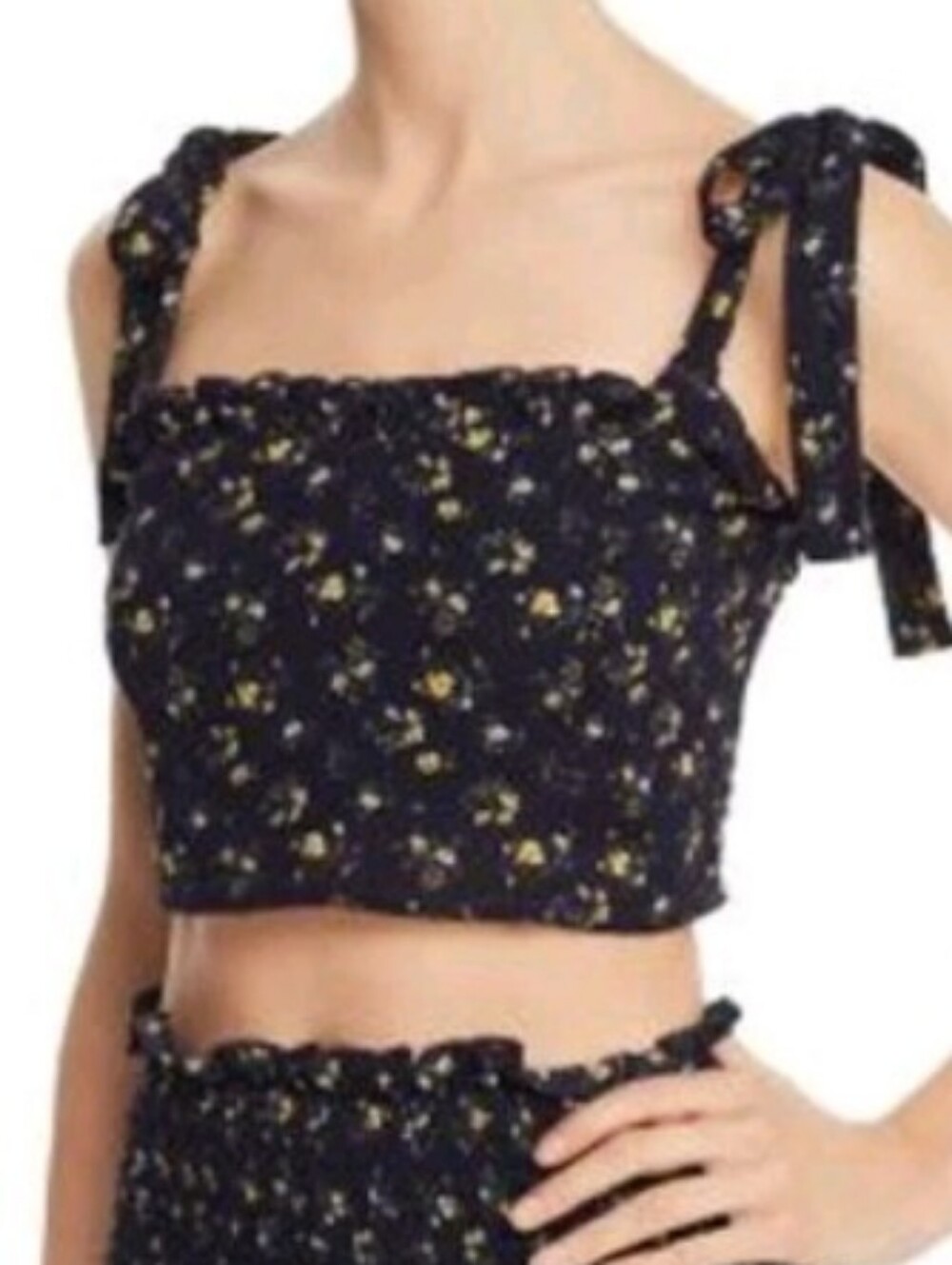 Aqua Floral Tube Crop Top Tie Strap Smocked Ditsy Print Ruffles Navy Yellow S
